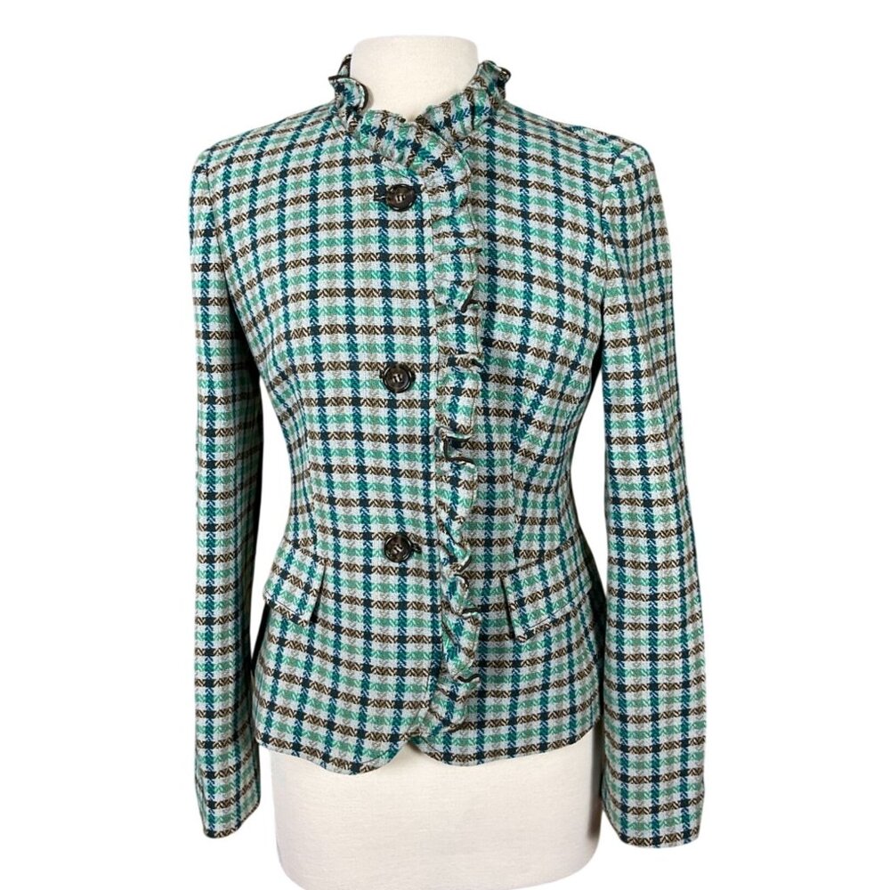 Talbots Blue Green Brown Plaid Ruffle Detailed Patch Elbow Jacket 8